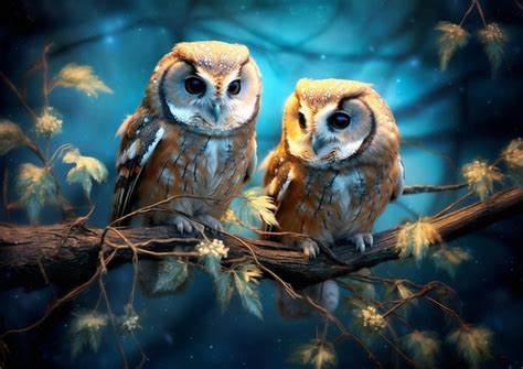 Premium AI Image | Two owls sitting on a branch with leaves on the ...