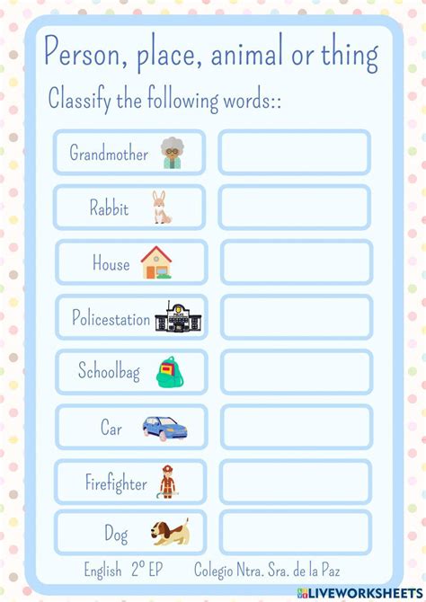 Person, place, animal thing worksheet | Live Worksheets - Worksheets ...