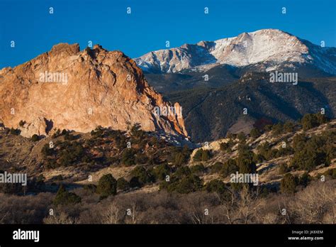 USA, Colorado, Colorado Springs, Garden of the Gods with view of Pikes Peak, dawn Stock Photo ...