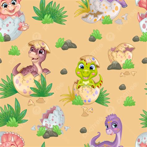 Happy Baby Dinosaurs Sitting In Eggs On Nature Isolated On Beige Background, Wallpaper, Seamless ...