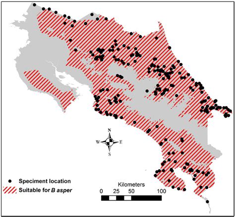 Geographical extent of habitat suitable for Bothrops asper and location ...