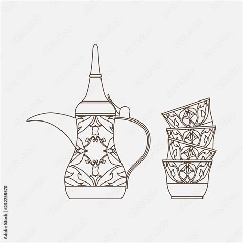 Editable Isolated Side View Arabian Dallah Coffee Pot and Finjan Cups Stack Vector Illustration ...