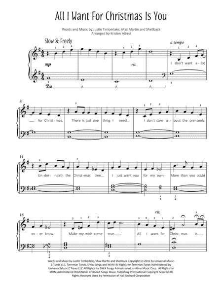 All I Want For Christmas Is You - Easy Piano Sheet Music Download. This ...