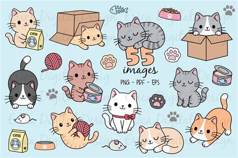 Cute Kittens Clipart set - 55 Cat images - Cat Bundle (520190) | Illustrations | Design Bundles