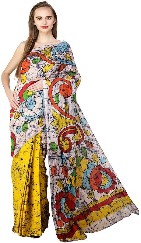 Multicolor Batik Sari from Madhya Pradesh with Printed Paisleys and Florals | Exotic India Art