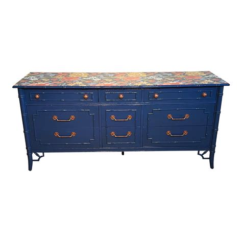 Chinoiserie Faux Bamboo Dresser in Blue | Chairish