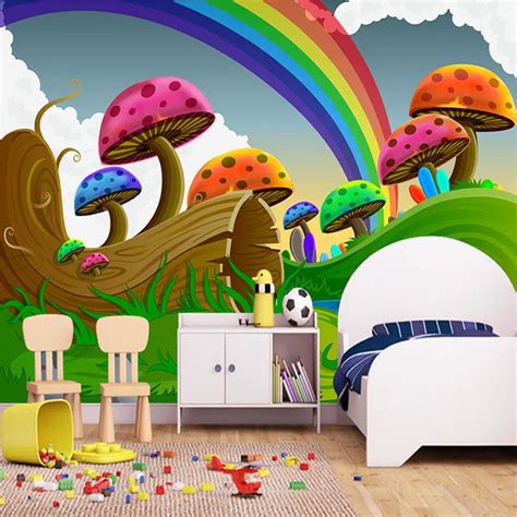 Custom Photo Wallpaper 3D Cartoon Cute Mushroom Rainbow Mural Children ...