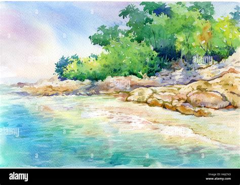 seascape watercolor painting Stock Photo - Alamy