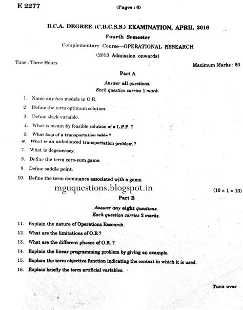 mgu BCA degree semester 4 opreational research 2016 Previous Year ...