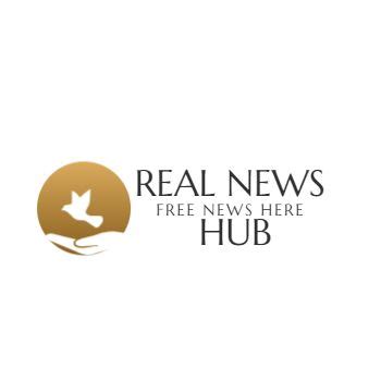 the real news hub logo is shown in gold and black, with a hand holding ...