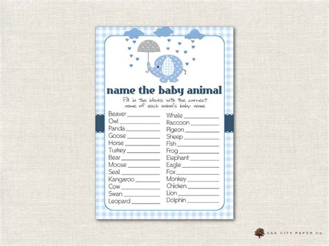 Elephant Name the Baby Animal Baby Shower Game Blue Elephant - Etsy