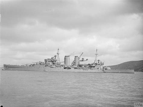 HMS Exeter as seen after her modernisation. She was previously heavily damaged at the battle of ...