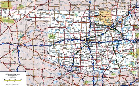 Oklahoma roads map with cities and towns freeway highway free state