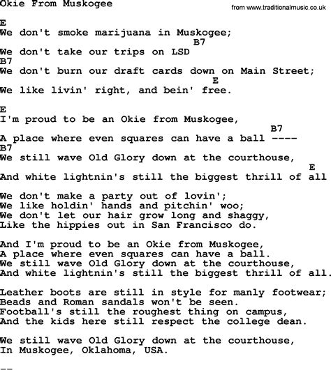 Okie From Muskogee by Merle Haggard - lyrics and chords