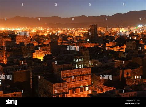 The capital of Yemen. View on the old city from roof at night Stock ...