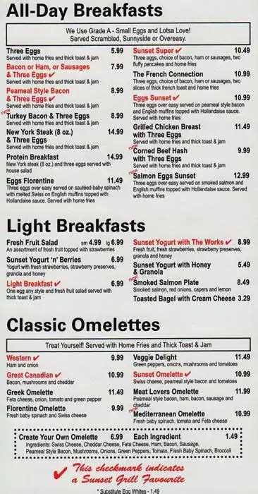 Menu at Sunset Grill restaurant, Ottawa