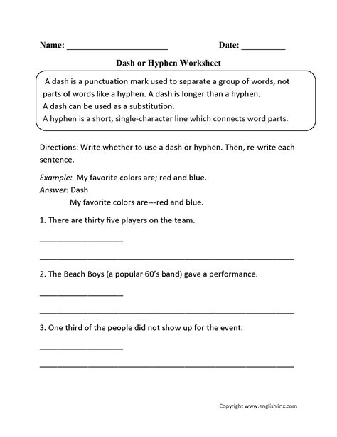 Punctuation Worksheets | Dash Worksheets