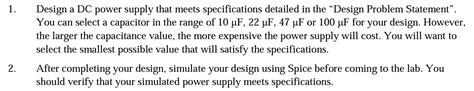 Solved 1. Design a DC power supply that meets specifications | Chegg.com