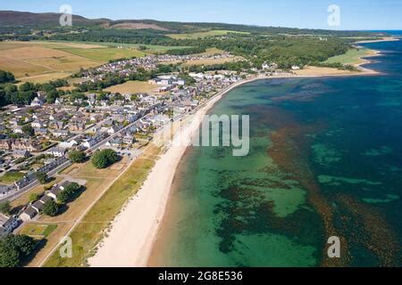 Aerial view from drone of Golspie town and beach in Sutherland ...