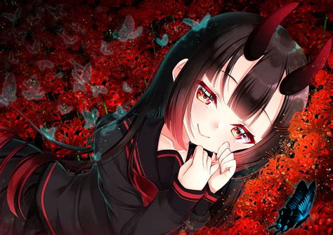 1080P free download | Anime girl, horns, black hair, smiling, teary eyes, red eyes, Anime, HD ...