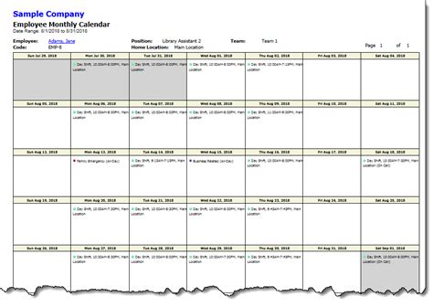 Employee Yearly Calendar