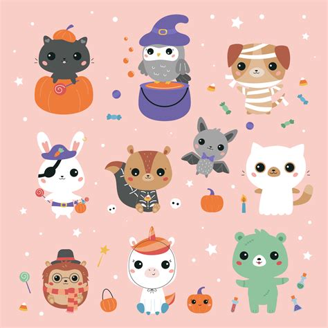 Kawaii animals dressed in Halloween costumes. Cute cartoon animals ...