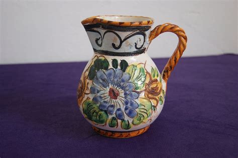 Italian Pottery - small rustic handcrafted 1930s Italian Deruta ceramic majolica water jug ...
