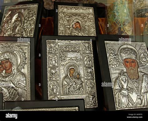 Greek Orthodox silver icons pictures of saints in an for sale Stock Photo: 8607796 - Alamy