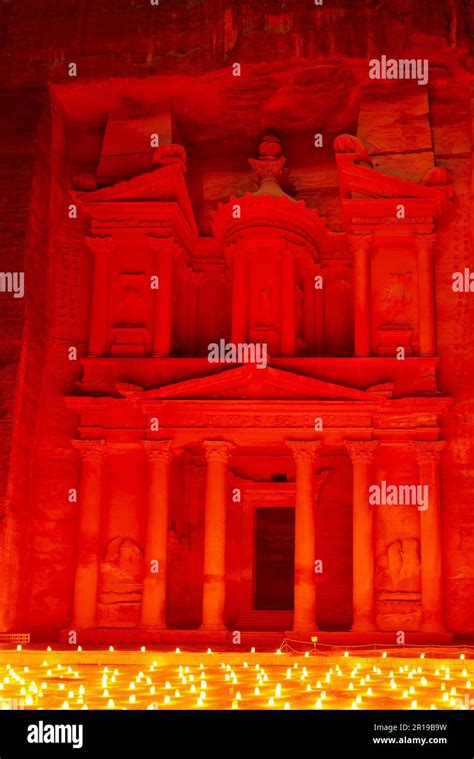 Jordan. Petra archaeological city. Al Khazneh (the Treasury) by night ...