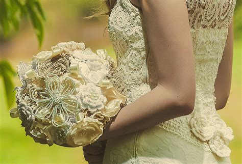 crochet lace and bauble wedding bouquet | OneWed.com