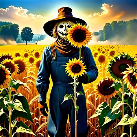 Premium AI Image | a scarecrow holding a sunflower standing in a field ...