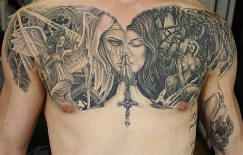 Good and evil tattoo | Cool chest tattoos, Chest piece tattoos, Sleeve ...