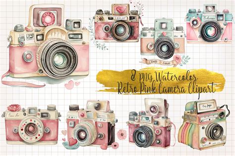 Retro Pink Camera Watercolor Clipart Graphic by WaterColorArch ...