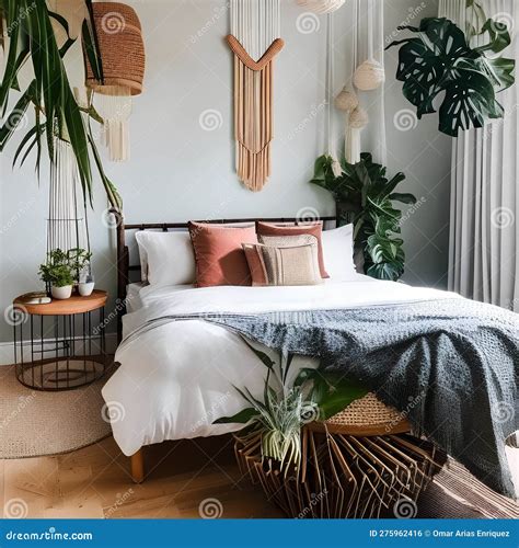 17 a Modern Bohemian Bedroom with a Macrame Wall Hanging, a Rattan ...