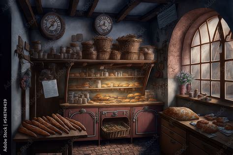 Inside of a medieval bakery with loafs of baked bread on counters, middle age interior with a ...