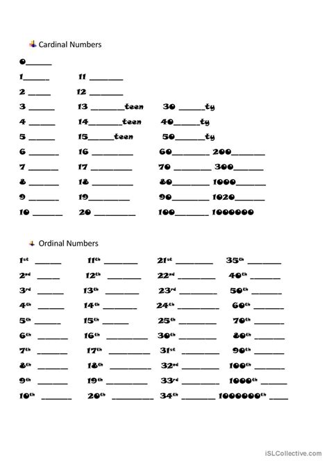 cardinal and ordinal numbers: English ESL worksheets pdf & doc