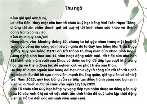 THƯ NGỎ HỌC BỔNG MAI TRẦN NGỌC TIẾNG NĂM HỌC 2023