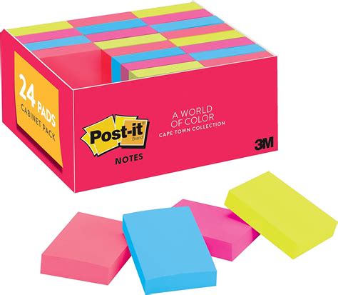 Post-it Notes Original Sticky Notes, 1.5" x 2", 24 Pads, 100 Sheets/Pad, Cape Town Colours ...