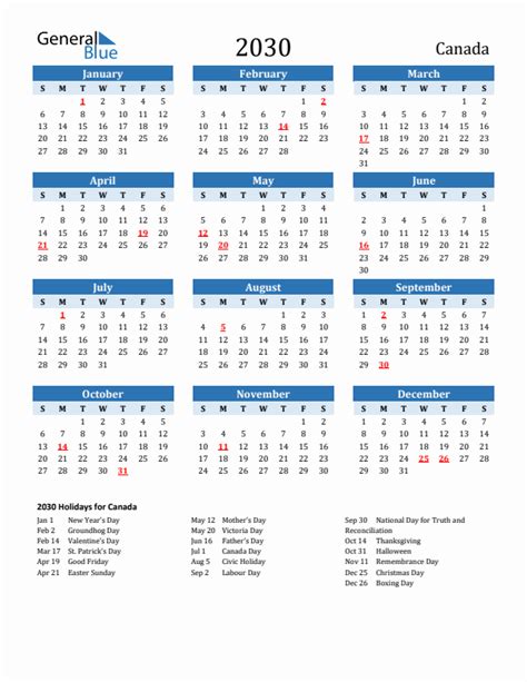 2030 Canada Calendar with Holidays