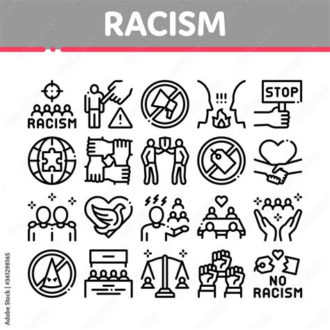 Racism Discrimination Collection Icons Set Vector. Stop Racism Nameplate And Label, Scale And ...