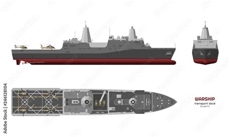 Detailed image of military ship. Top, front and side view. Battleship 3d model. Industrial ...