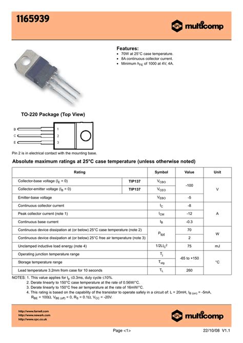 Features: TO-220 Package (Top View) Absolute maximum ratings at