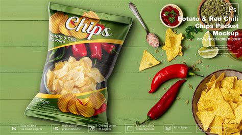 Free Chili Potato Chips Packet Mockup PSD Template Salad Packaging ...