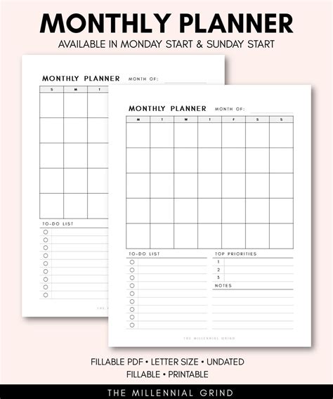 Monthly Planner Printable Page Instant PDF Download | Etsy