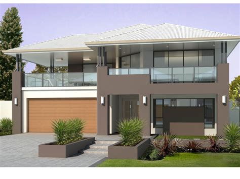 Two storey facade, mushroom tones, balcony over garage, glass rail, modern | New house plans ...