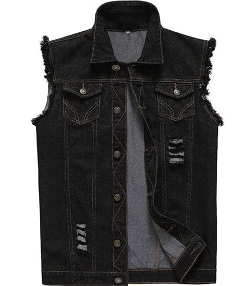 Mens Retro Ripped Black Denim Vest - Jackets Creator