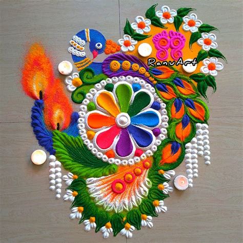 Beautiful peacock Diya Deepavali Rangoli Design 🌼 | Free hand rangoli ...