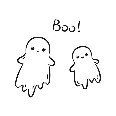 Cute ghosts and hand drawn lettering boo in black linear drawing style ...