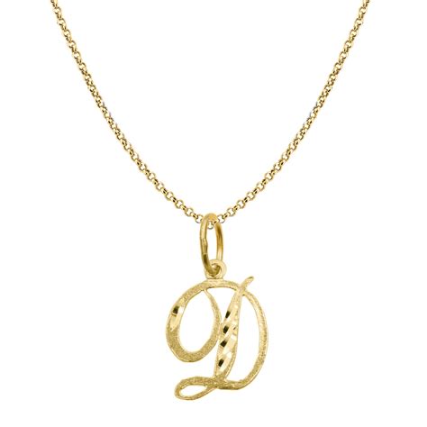 Precious Stars - 14K Yellow Gold Diamond-cut Cursive Letter Initial 'D' Pendant with 1.2mm Rolo ...