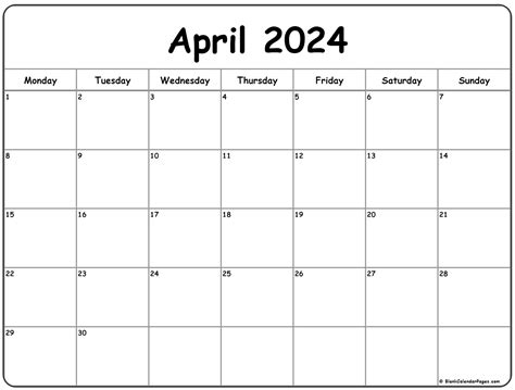 2024 Printable Calendar April Blank - Holidays 2024 Calendar